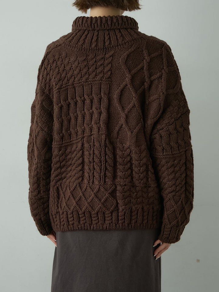 [予約]ネックボタンミックスケーブルニットトップス/brown