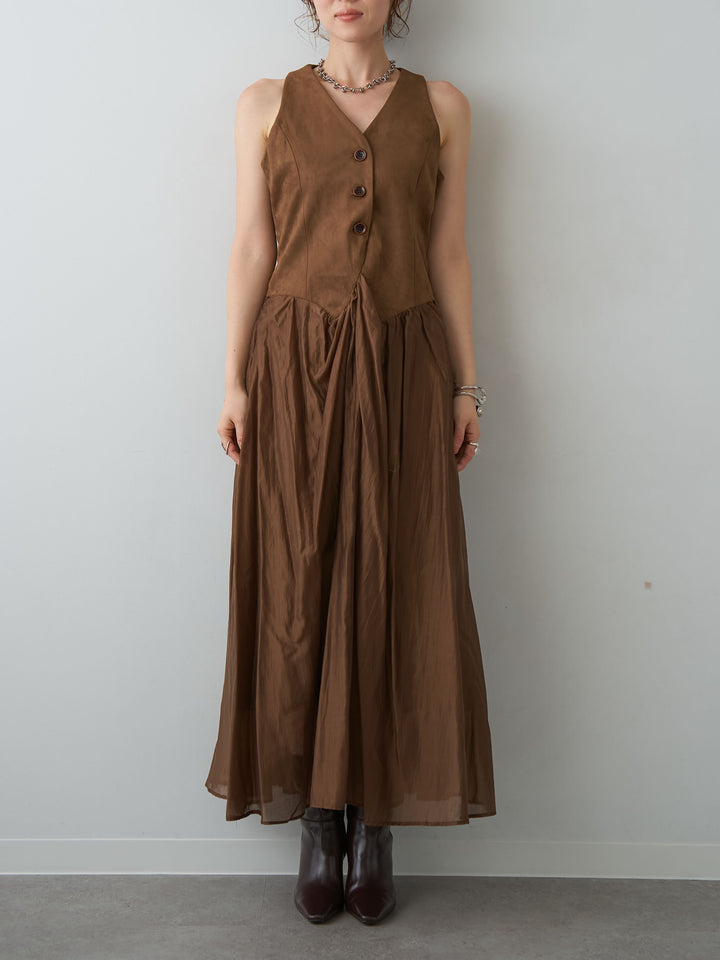 [予約]スウェードタッチ切り替えフレアワンピース/brown
