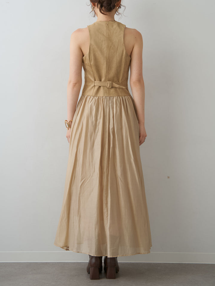 [予約]スウェードタッチ切り替えフレアワンピース/beige