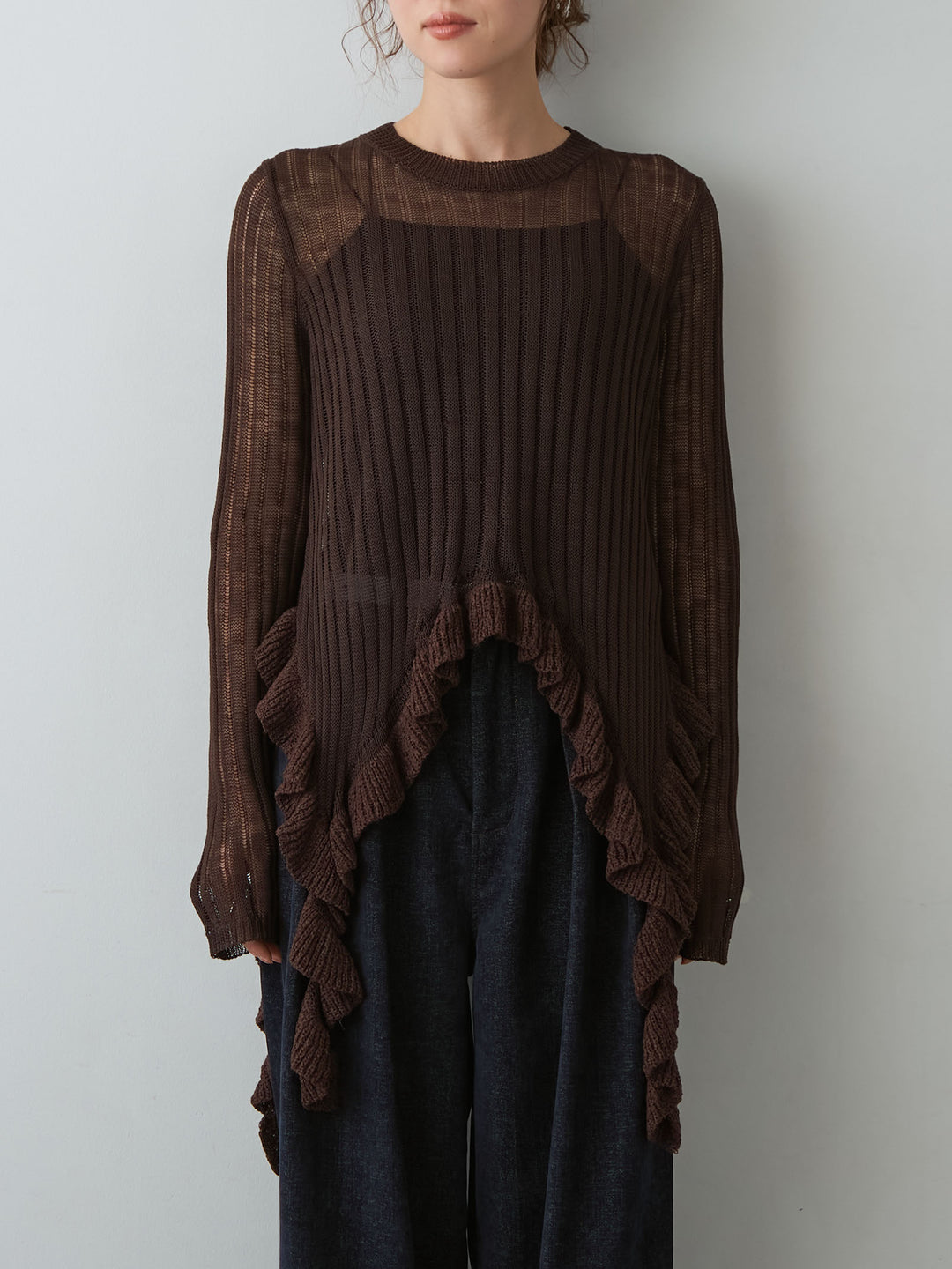 [予約]ヘムフリル透かし編みニットトップス/brown