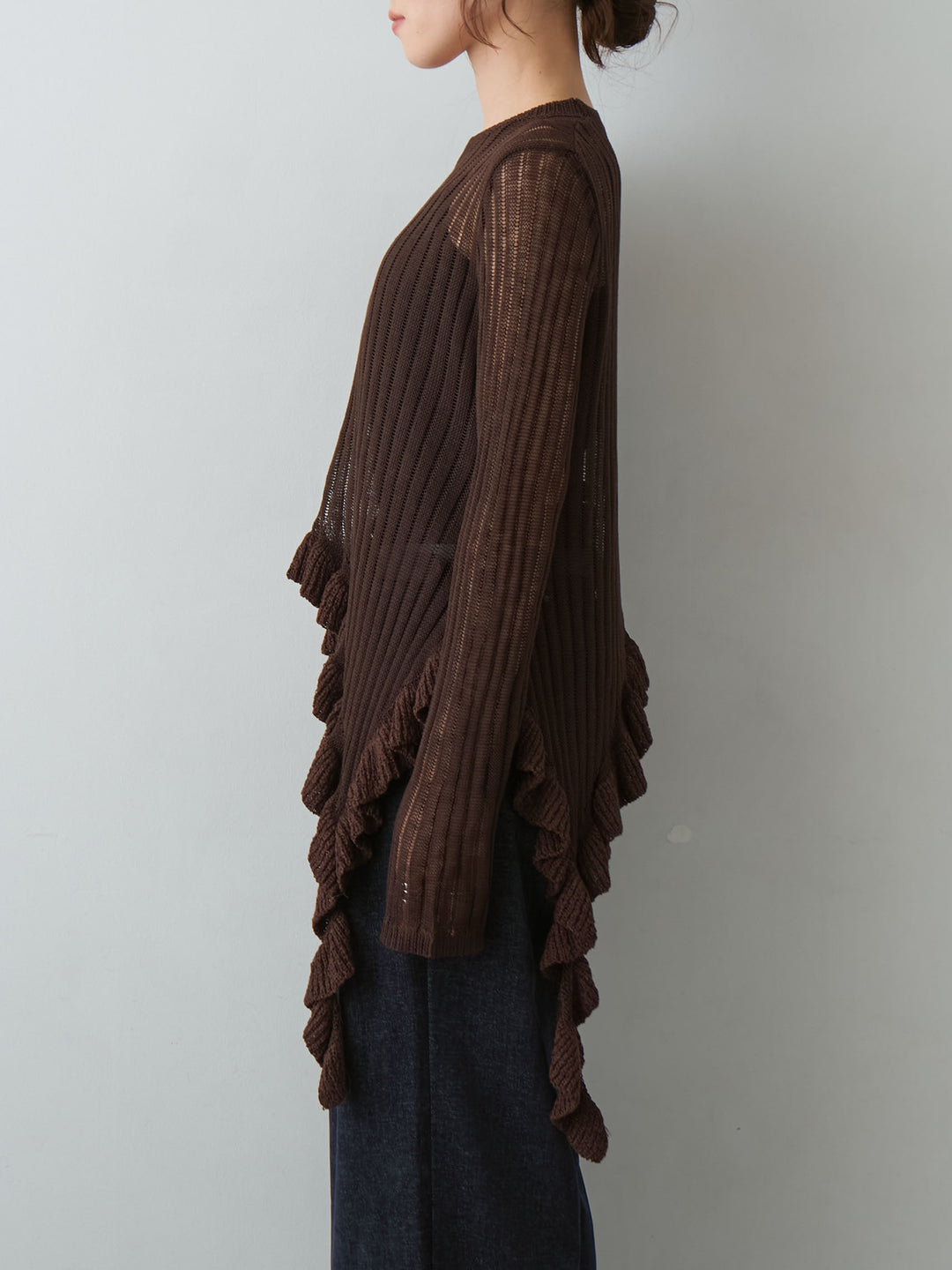 [予約]ヘムフリル透かし編みニットトップス/brown