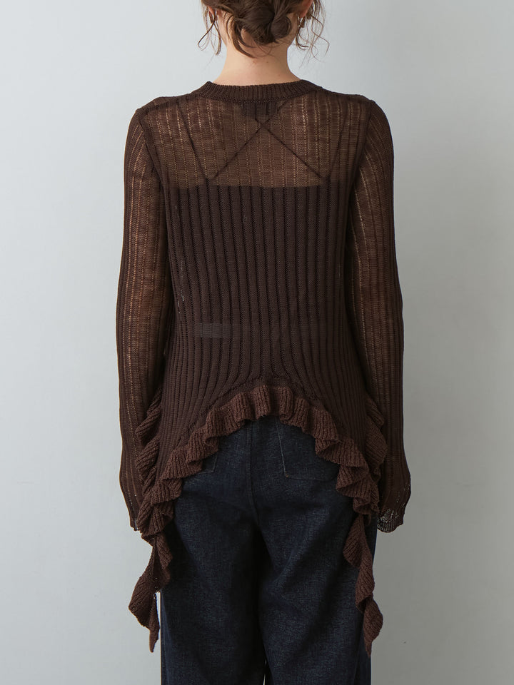 [予約]ヘムフリル透かし編みニットトップス/brown