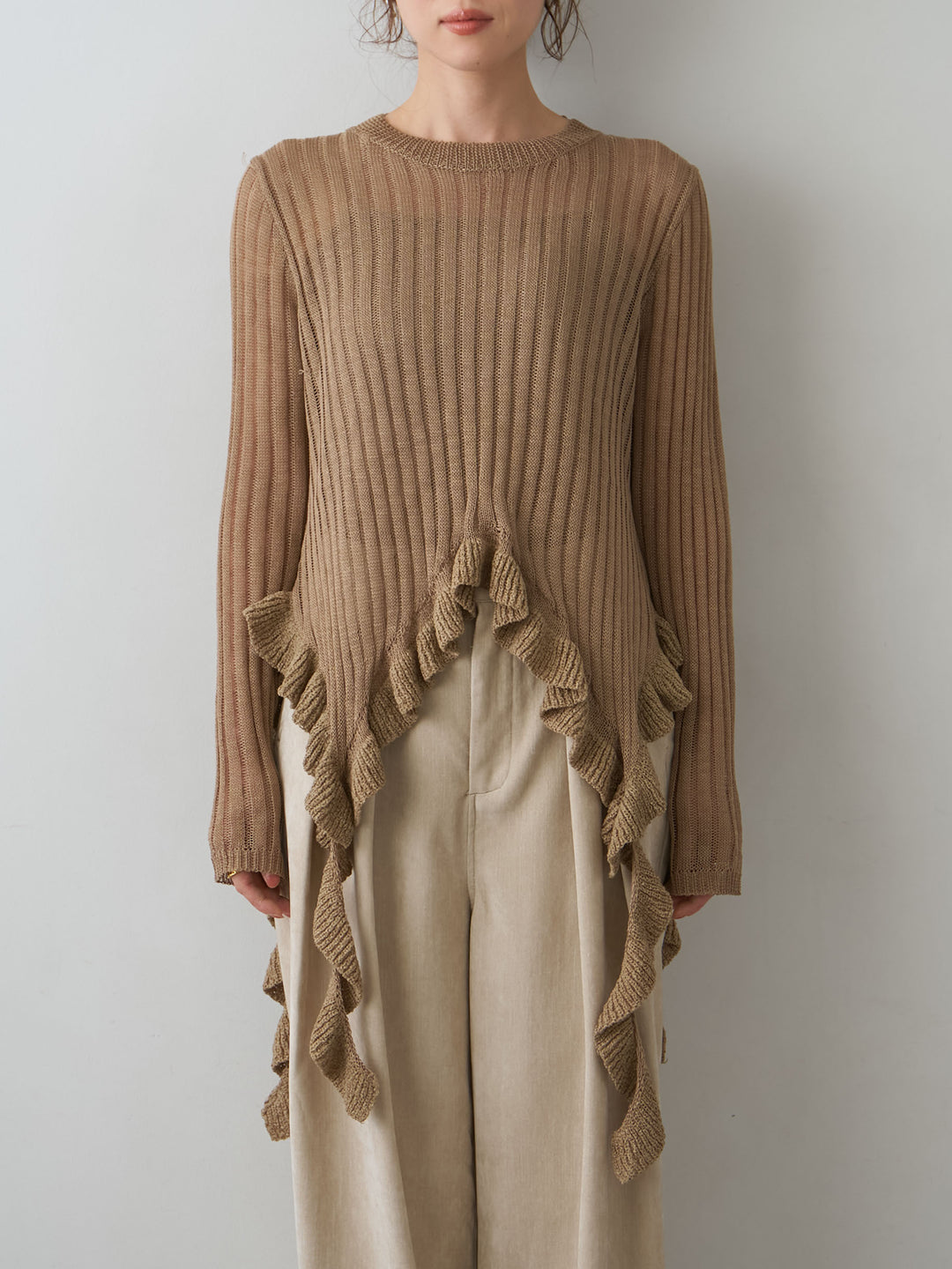 [予約]ヘムフリル透かし編みニットトップス/beige