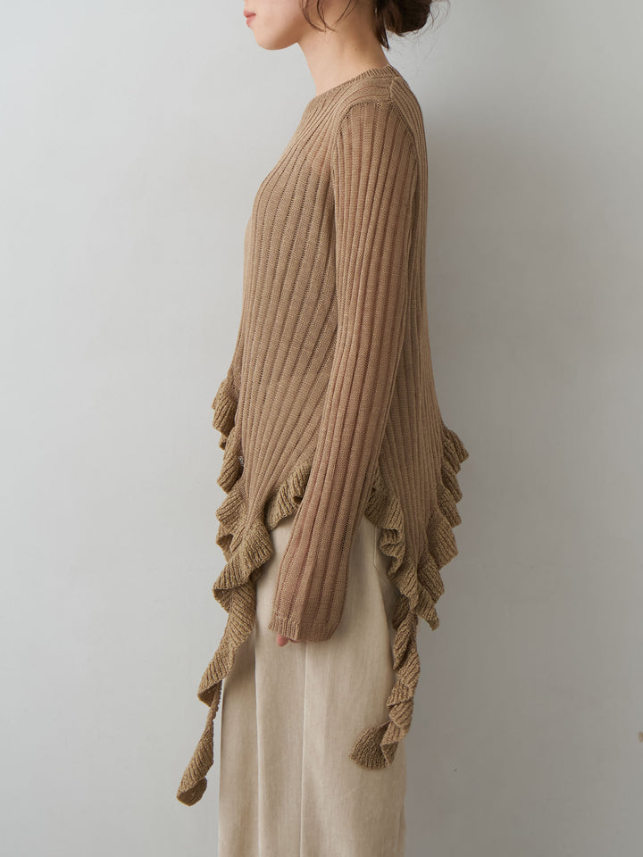 [予約]ヘムフリル透かし編みニットトップス/beige
