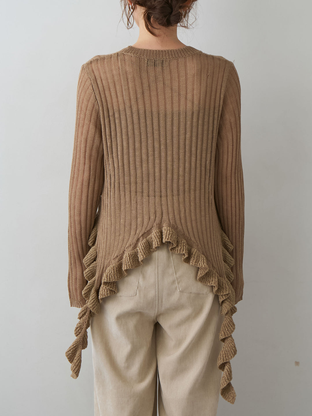 [予約]ヘムフリル透かし編みニットトップス/beige