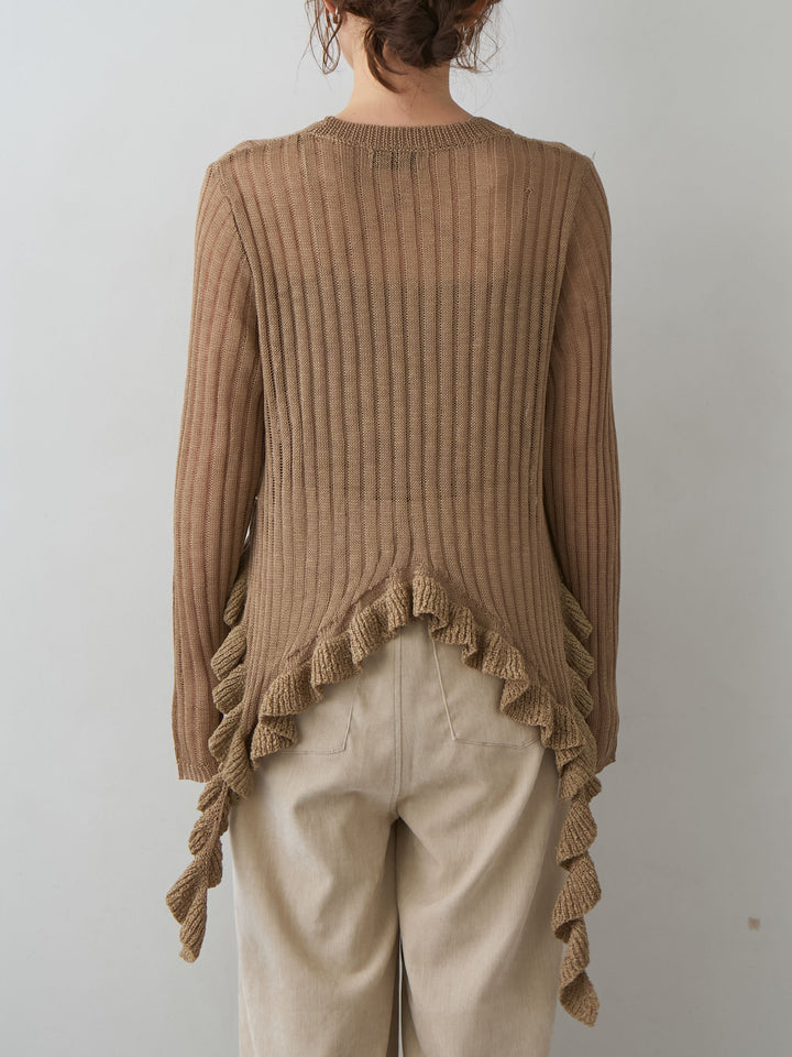 [予約]ヘムフリル透かし編みニットトップス/beige