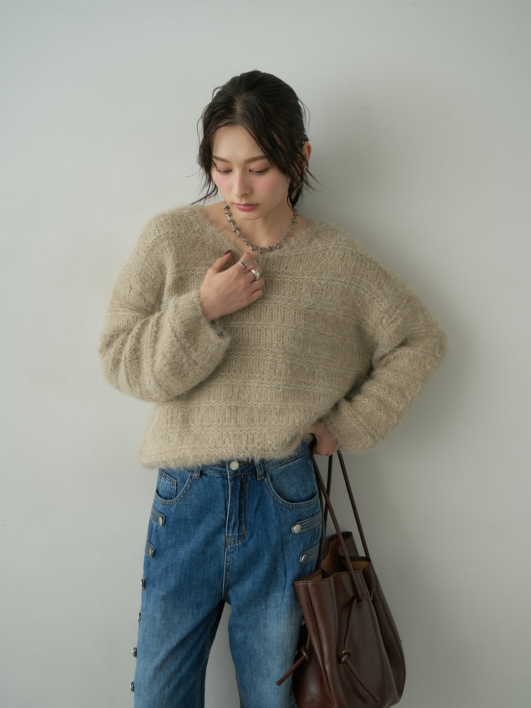 [予約]ボーダー編みラメニットトップス/brown