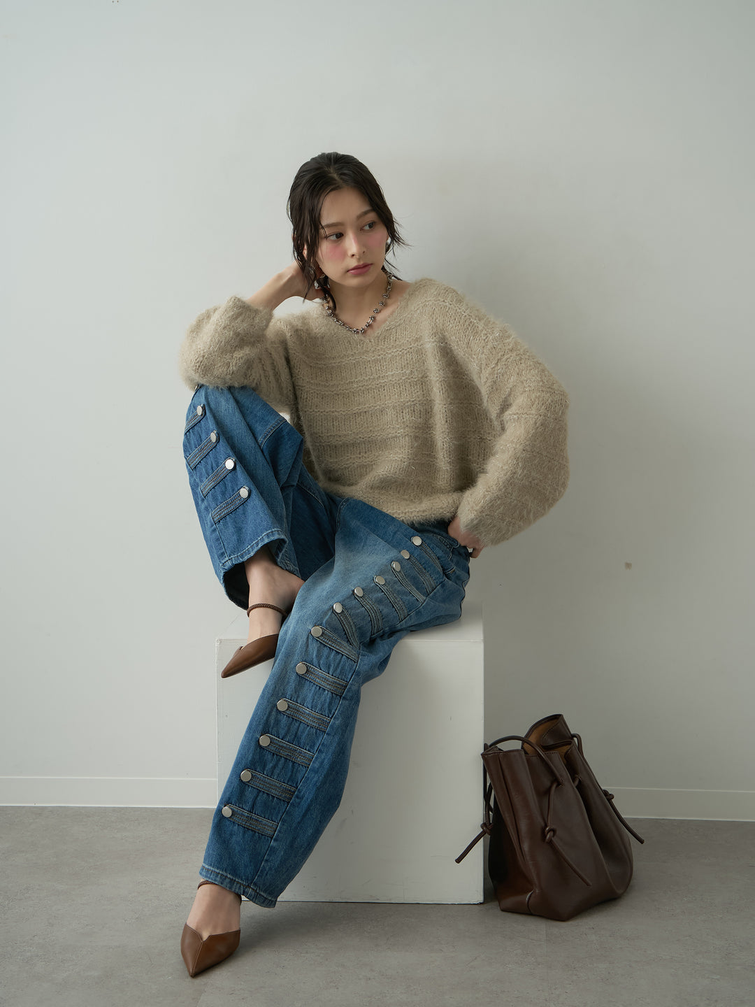 [予約]ボーダー編みラメニットトップス/brown
