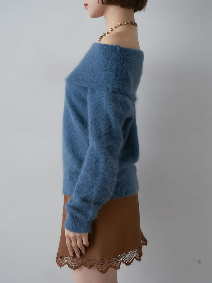 [予約]オフショルソフトシャギーニットトップス/blue