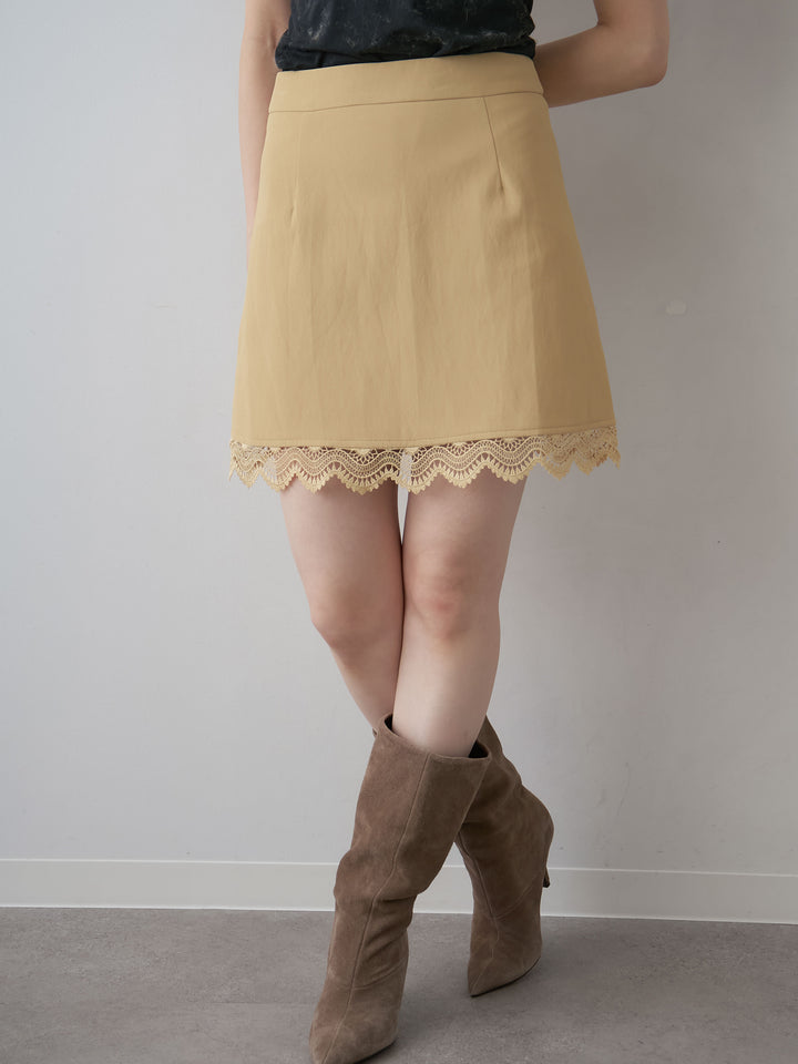[予約]レースヘムレザーライクミニスカート/beige