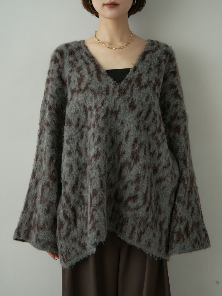 [予約]レオパードVネックシャギーニットトップス/gray