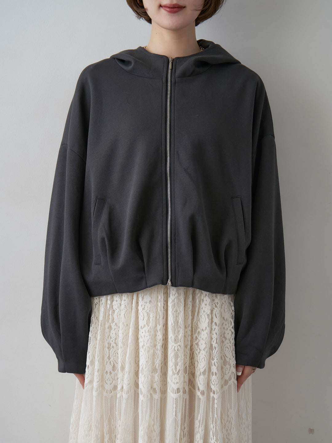 [予約]タックギャザースウェットフーディー/darkgray