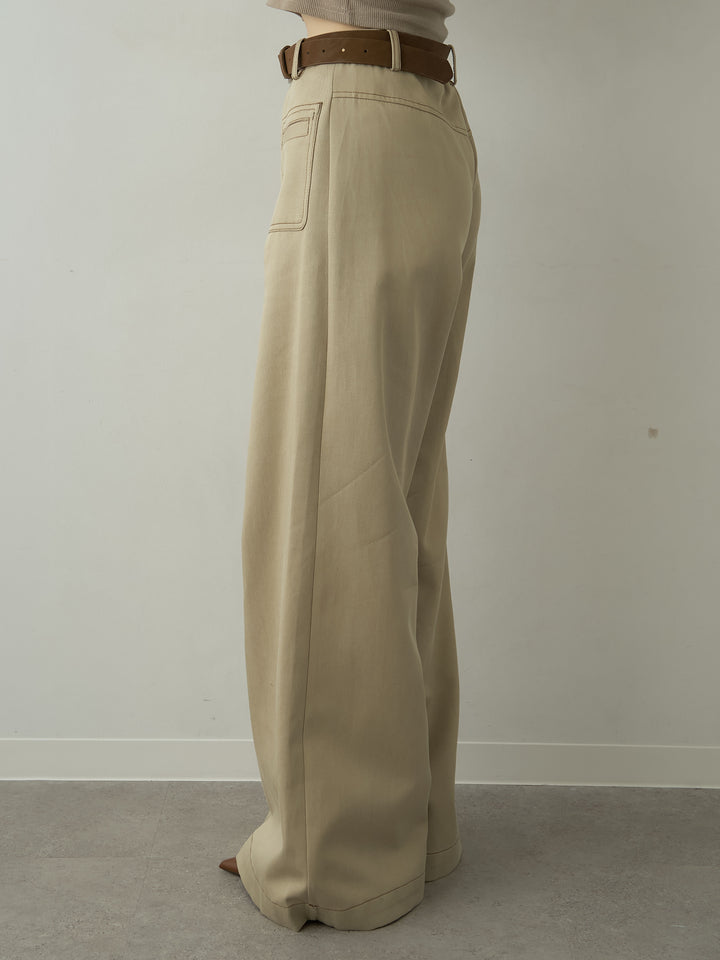 [予約]ベルト付バイカラーステッチセミフレアワイドパンツ/beige