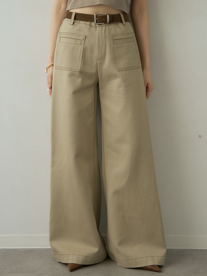 [予約]ベルト付バイカラーステッチセミフレアワイドパンツ/beige