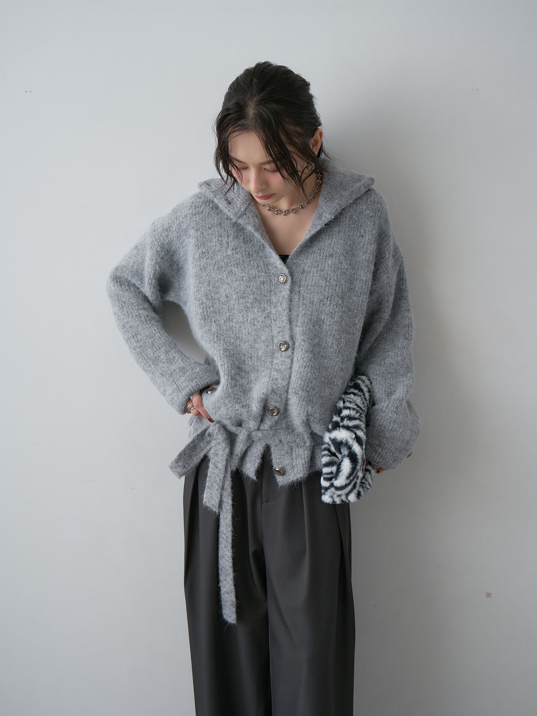 [SET]ベルテッドメタルボタンリブニットカーディガン+ツイルタックワイドパンツ(2set)