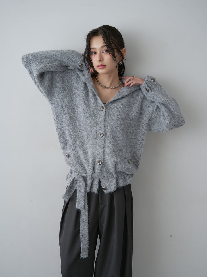 [SET]ベルテッドメタルボタンリブニットカーディガン+ツイルタックワイドパンツ(2set)
