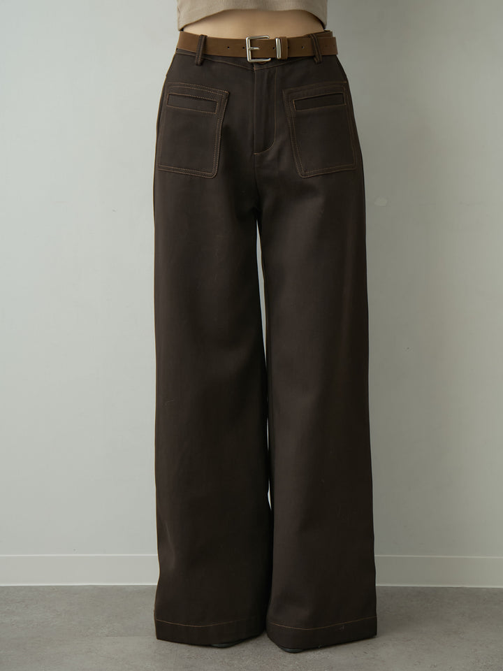 [予約]ベルト付バイカラーステッチセミフレアワイドパンツ/brown