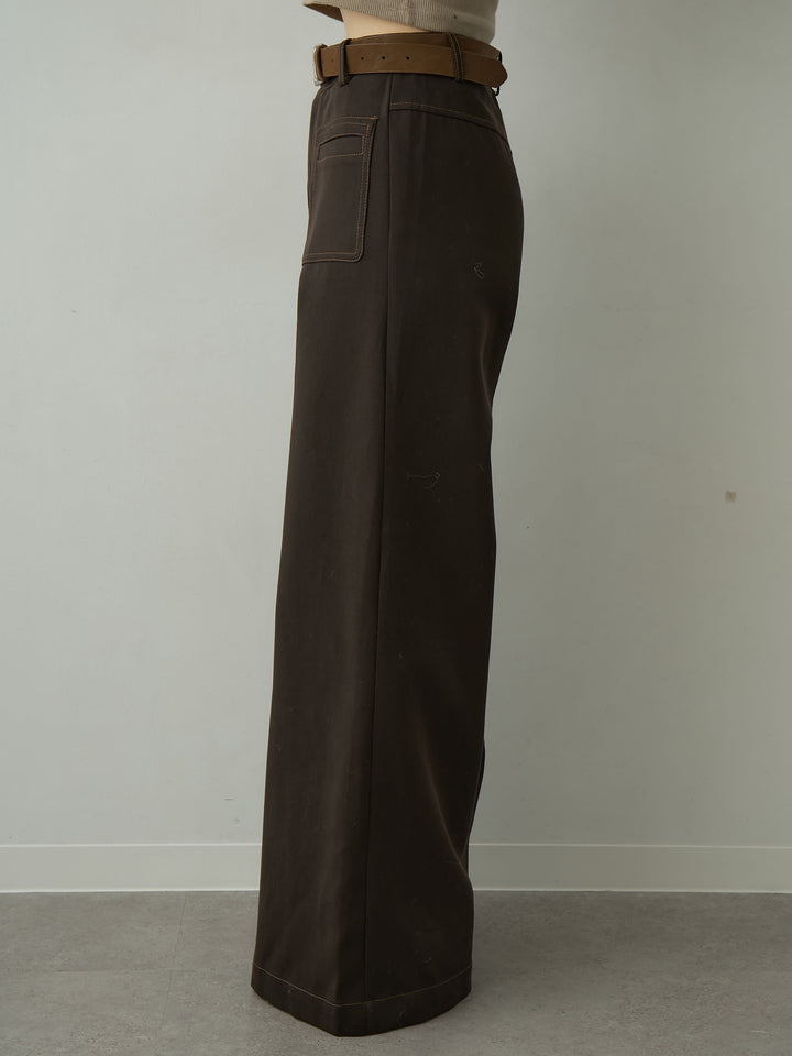 [予約]ベルト付バイカラーステッチセミフレアワイドパンツ/brown