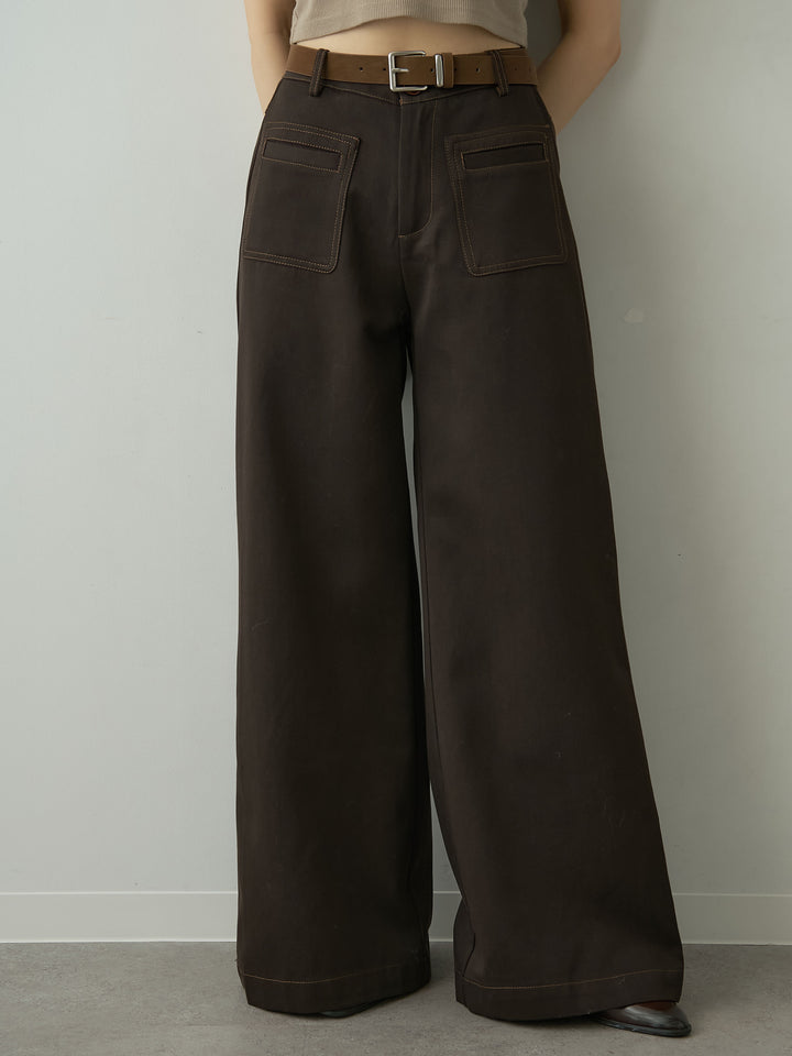 [予約]ベルト付バイカラーステッチセミフレアワイドパンツ/brown