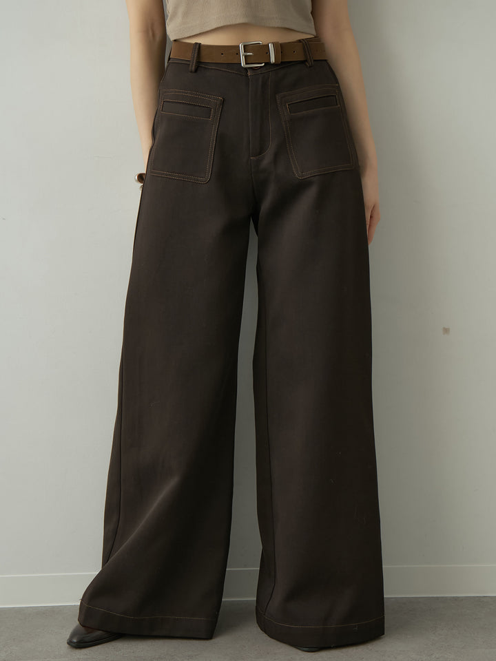 [予約]ベルト付バイカラーステッチセミフレアワイドパンツ/brown