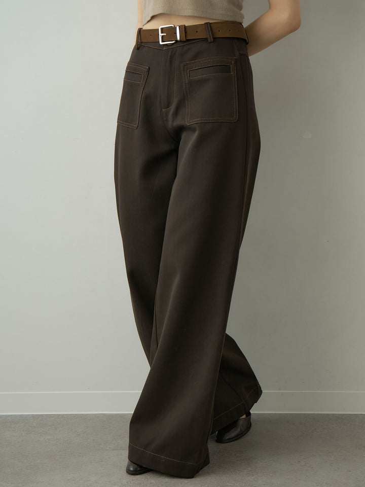 [予約]ベルト付バイカラーステッチセミフレアワイドパンツ/brown