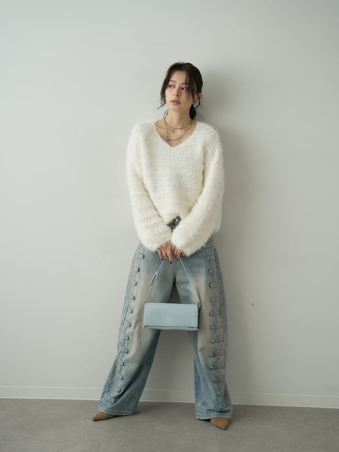 [予約]ボーダー編みラメニットトップス/white