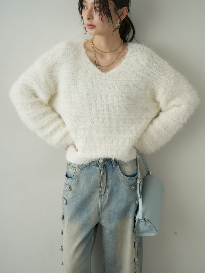 [予約]ボーダー編みラメニットトップス/white