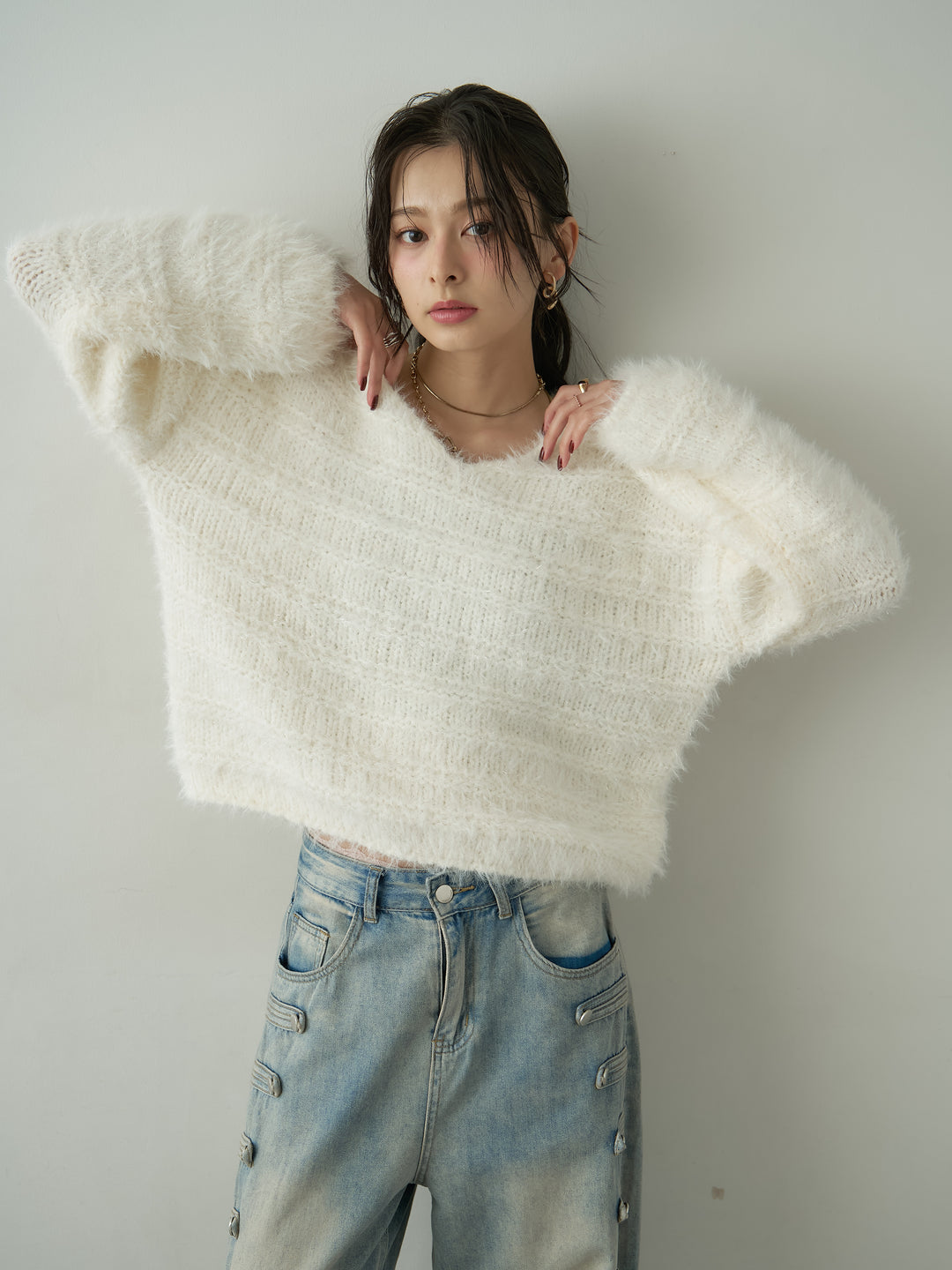 [予約]ボーダー編みラメニットトップス/white