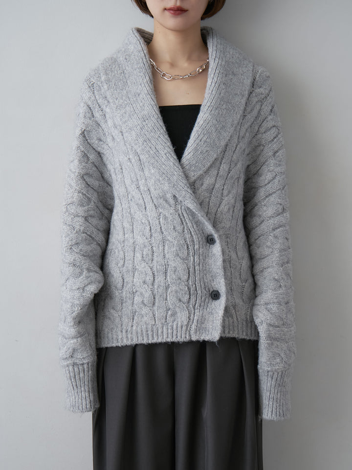 [予約]ショールカラーケーブルショートニットカーディガン/lightgray
