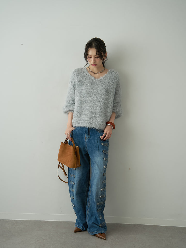 [予約]ボーダー編みラメニットトップス/gray