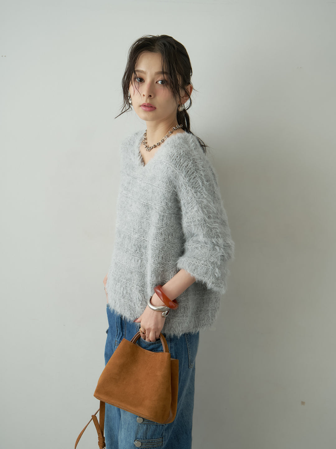 [予約]ボーダー編みラメニットトップス/gray