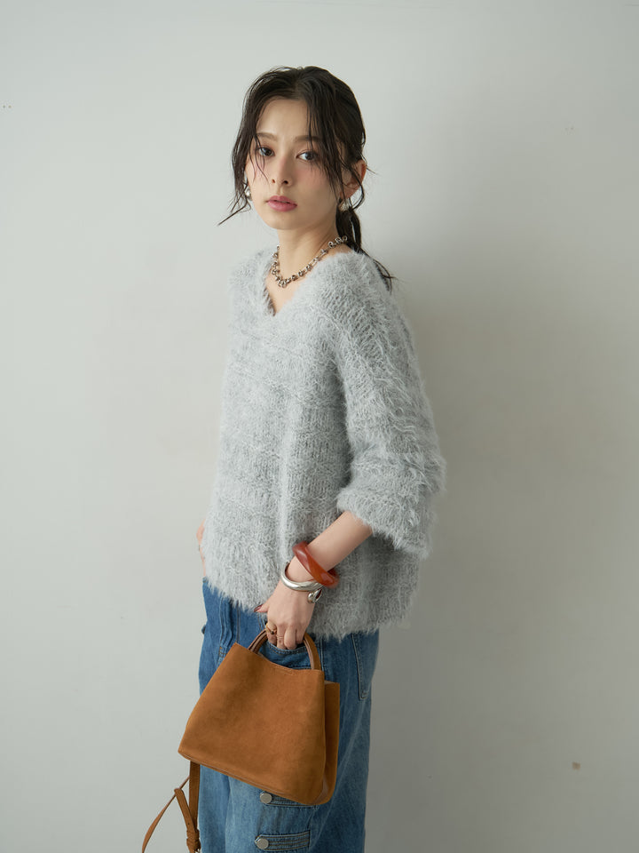 [予約]ボーダー編みラメニットトップス/gray
