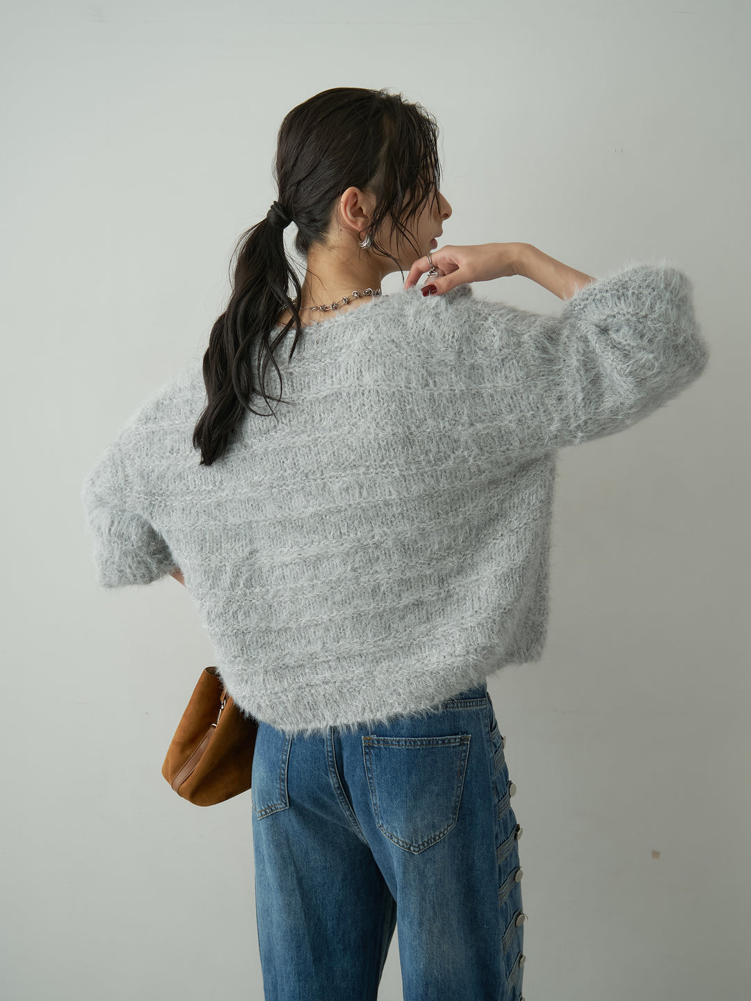 [予約]ボーダー編みラメニットトップス/gray