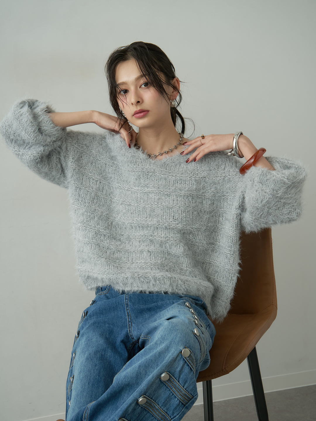 [予約]ボーダー編みラメニットトップス/gray