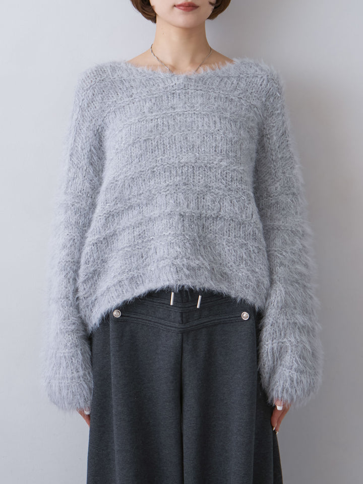 [予約]ボーダー編みラメニットトップス/gray