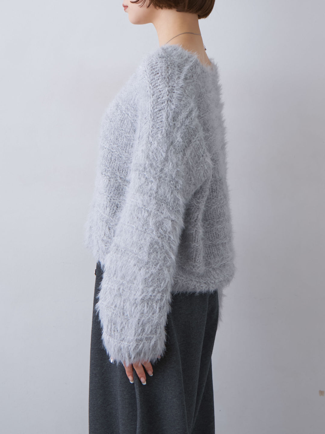 [予約]ボーダー編みラメニットトップス/gray