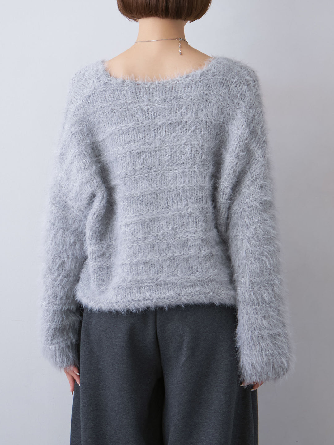 [予約]ボーダー編みラメニットトップス/gray