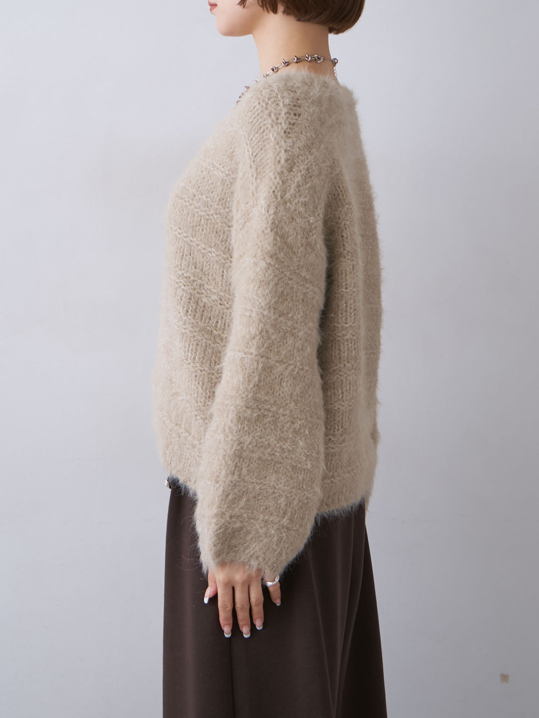 [予約]ボーダー編みラメニットトップス/brown