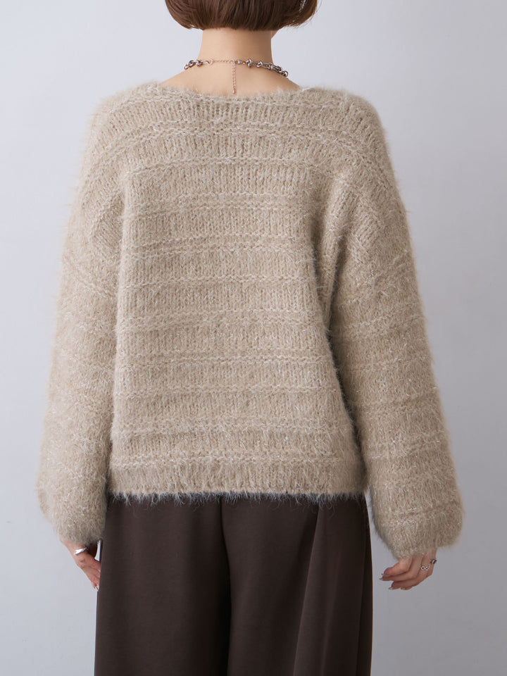 [予約]ボーダー編みラメニットトップス/brown