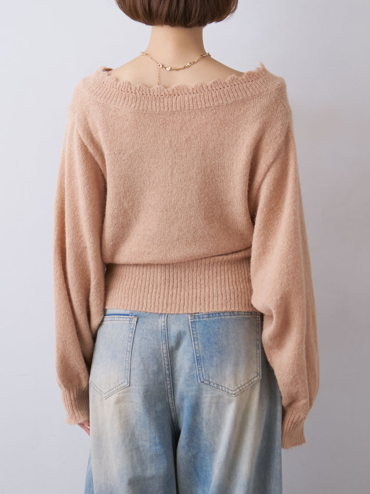[予約]スカラップVネックドルマンニットトップス/pink