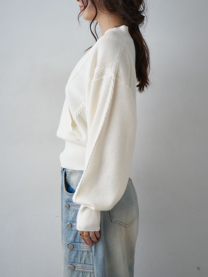 [予約]カシュクールミックスケーブルニットトップス/white