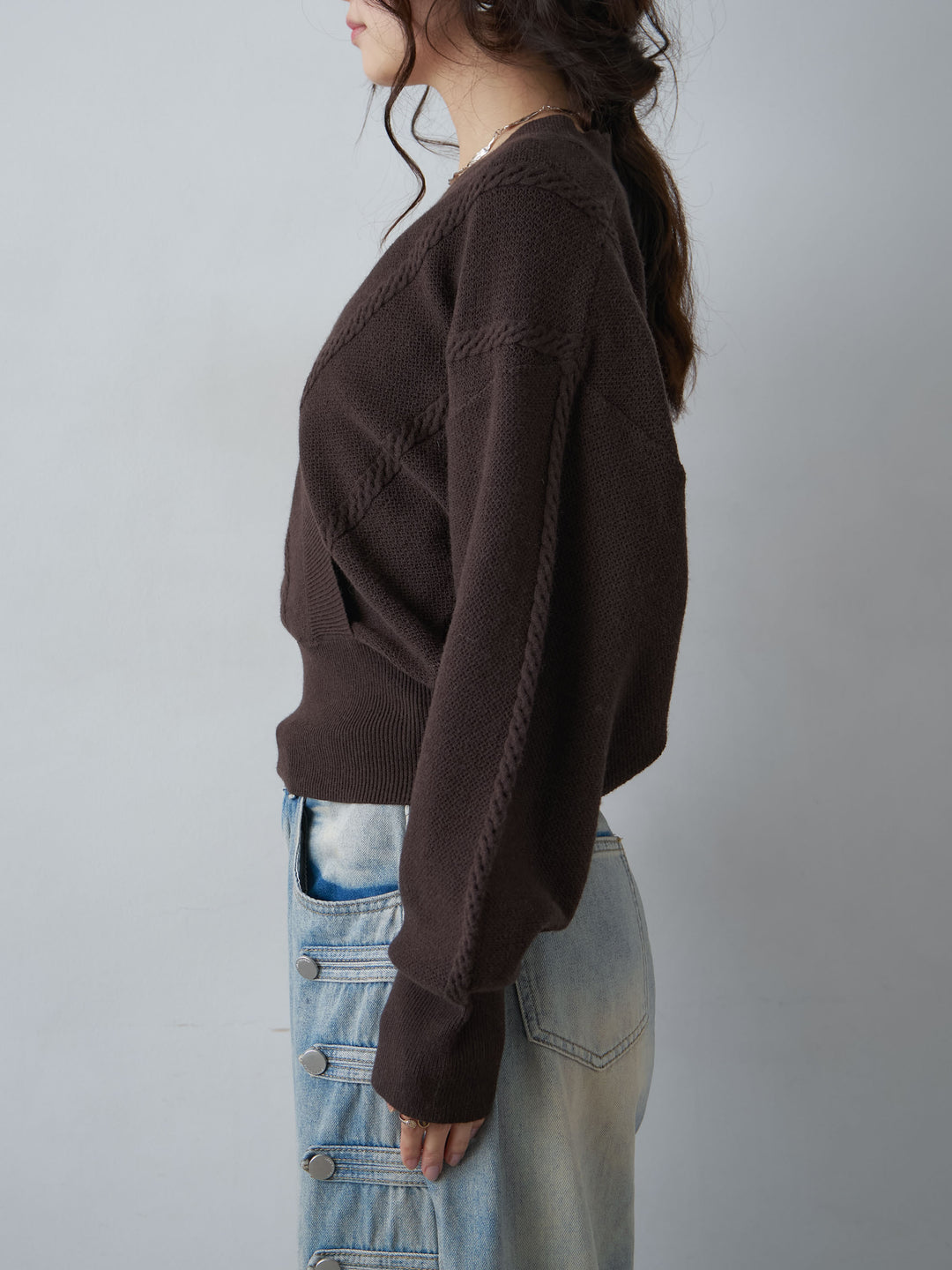 [予約]カシュクールミックスケーブルニットトップス/brown
