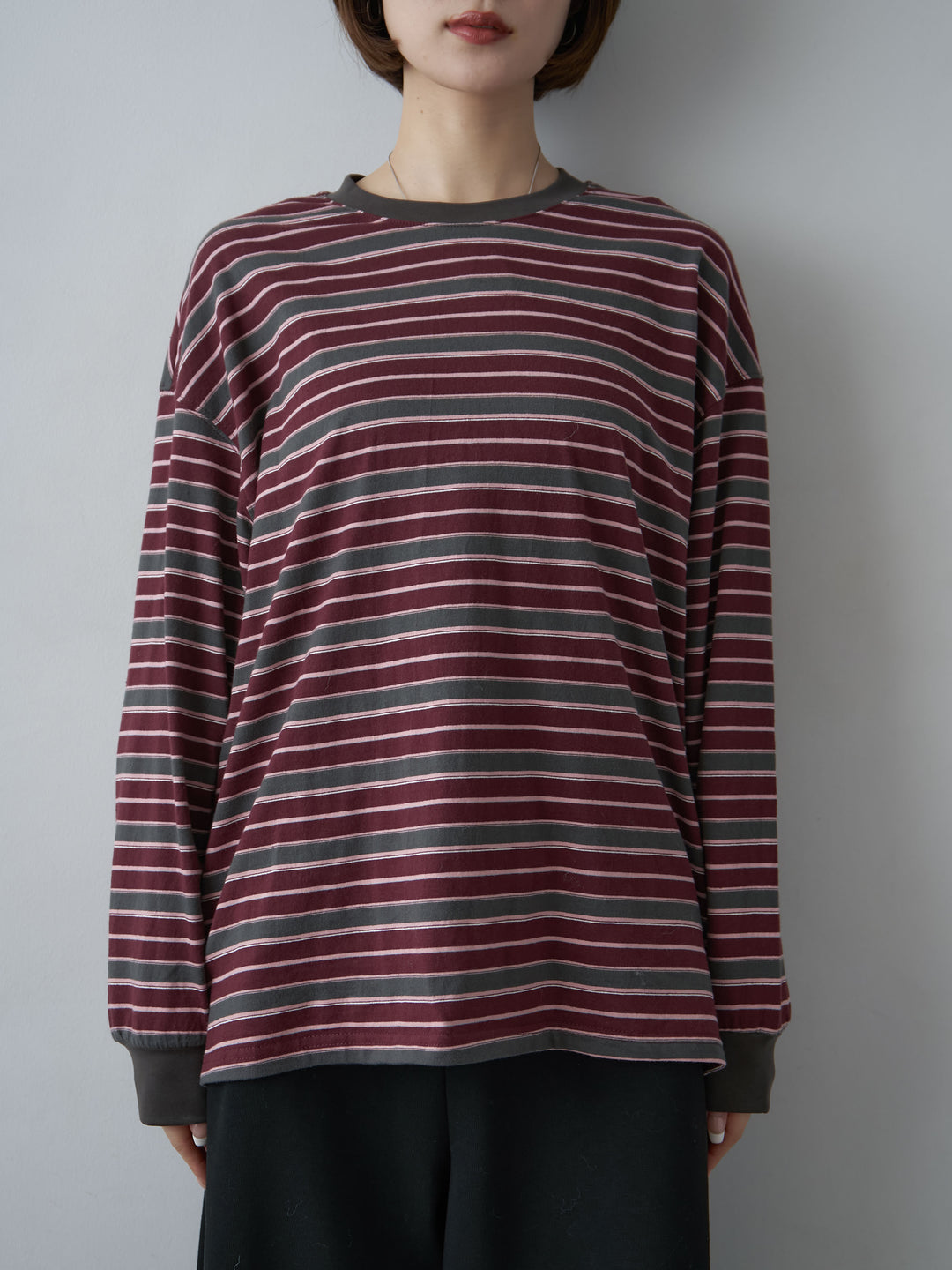 [予約]マルチボーダーロンTEE/burgundy