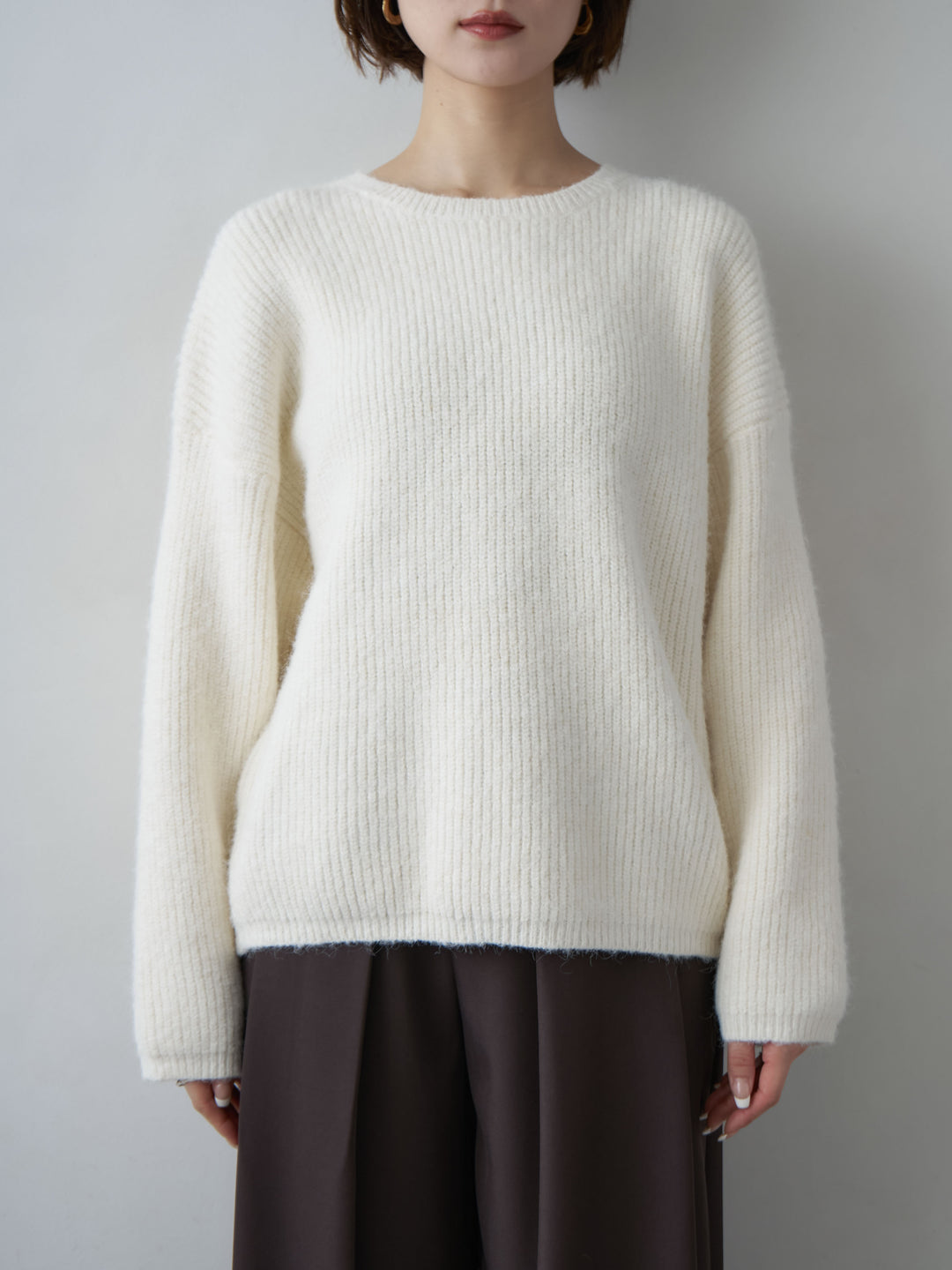 [予約]ケープドッキングデザインリブクルーネックニットトップス/ivory