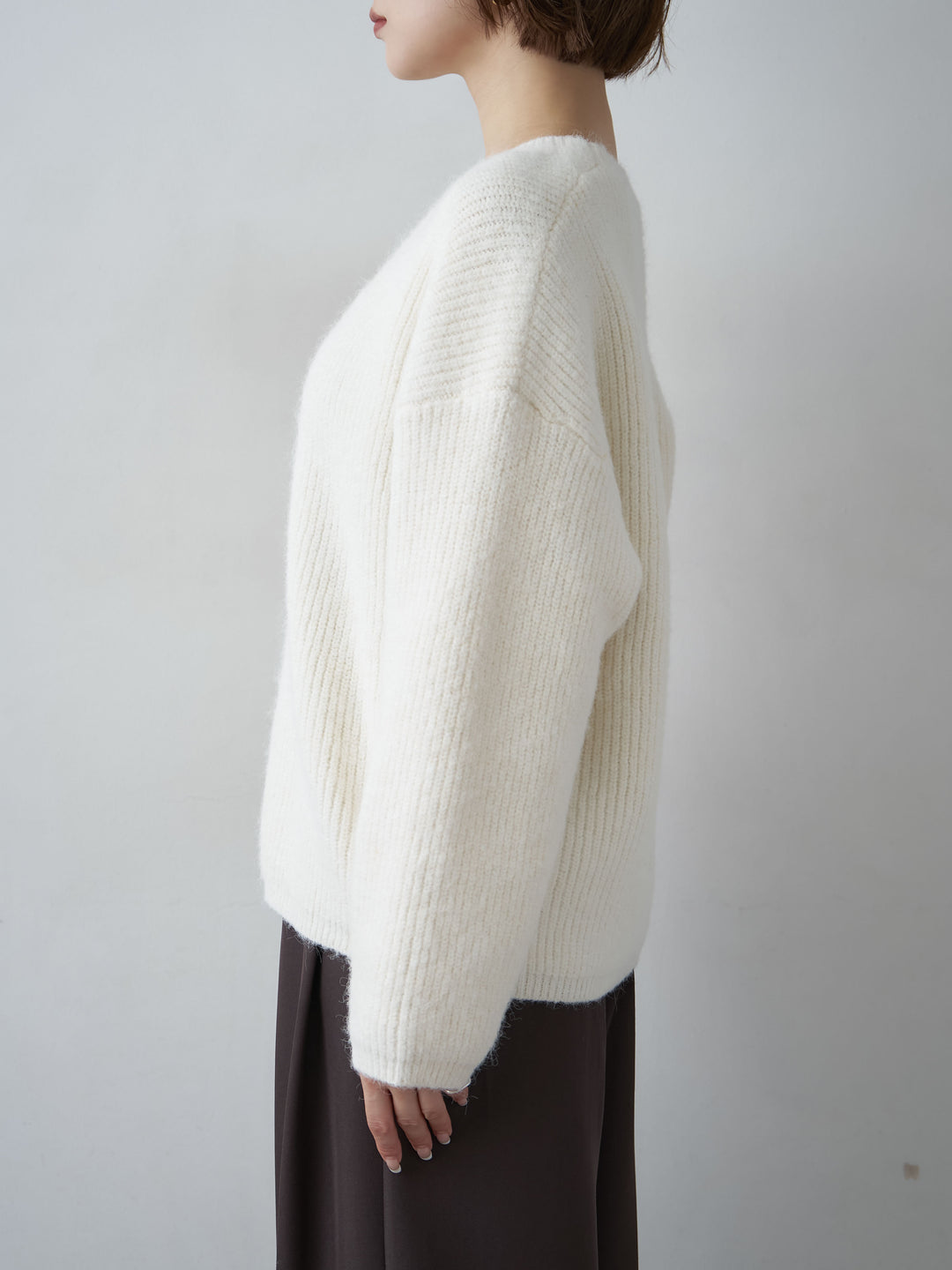 [予約]ケープドッキングデザインリブクルーネックニットトップス/ivory