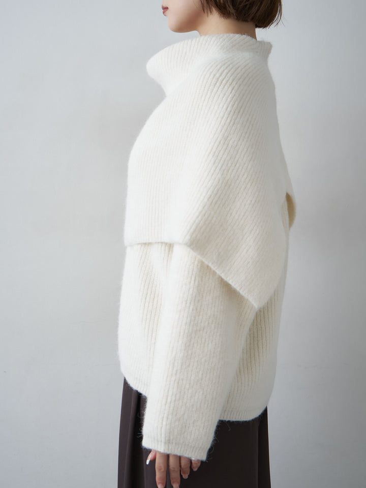 [予約]ケープドッキングデザインリブクルーネックニットトップス/ivory