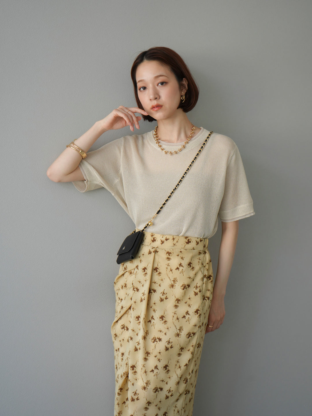 [SET]リネンタッチ配色二重臼ハーフニットトップス+選べるアソート柄スカートセット(2set)