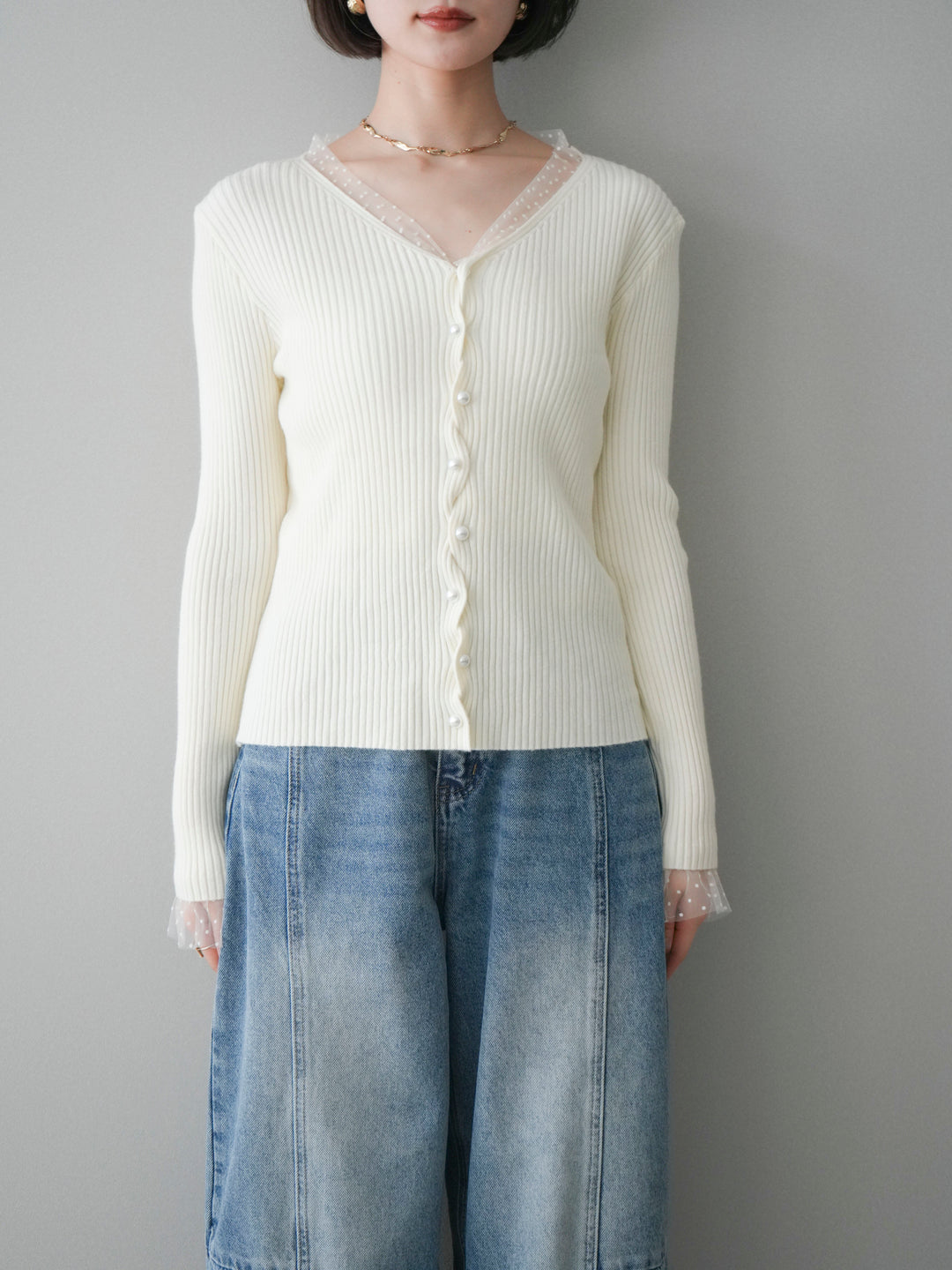 [予約]チュールドッキングパールボタンニットカーディガン/ivory