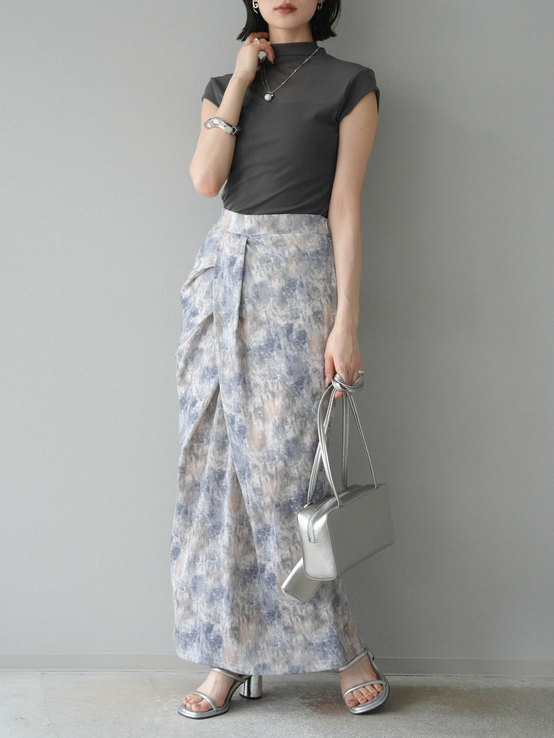 [予約]水彩アートタックIラインスカート/ラベンダー