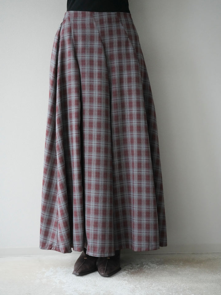 [予約]チェックタックフレアロングスカート/ ボルドー